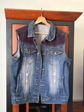 Blue Denim Vest with Dark Brown Corduroy Yoke